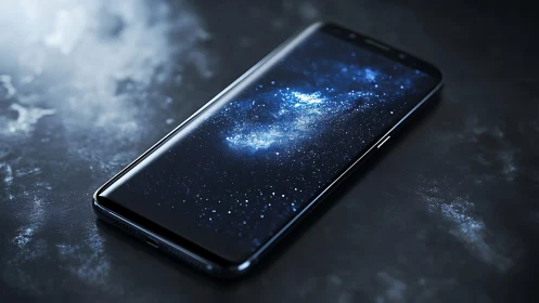 Modern smartphone with galaxy display on dark surface.