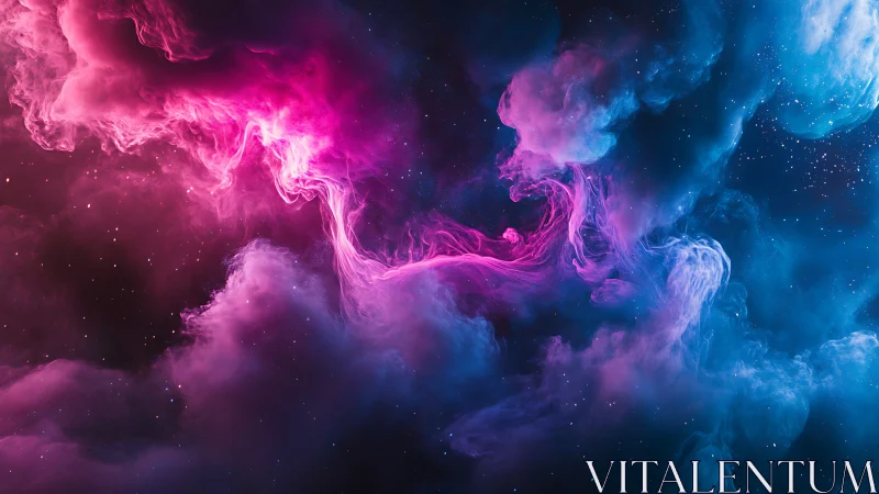 Cosmic nebula clouds swirl in pink and blue light.