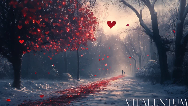 Enchanted Winter Path Glowing with Floating Red Hearts.