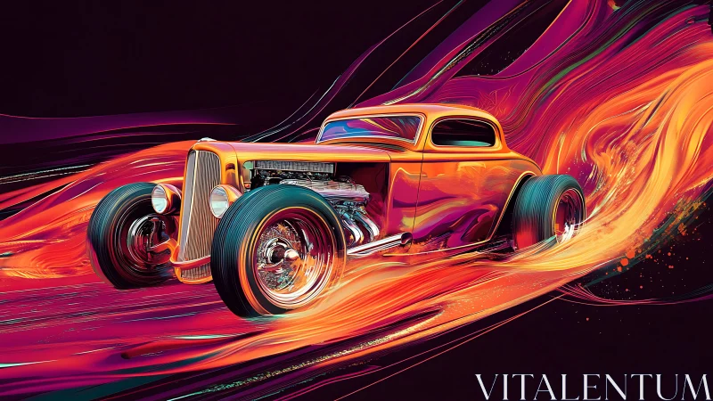 Hot rod coupe in vivid abstract motion trail artwork.