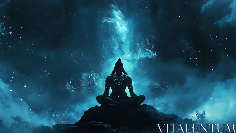 Silhouetted deity in cosmic meditation, luminous nebular backdrop.