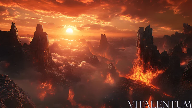 Apocalyptic Volcanic Landscape with Fiery Sky.