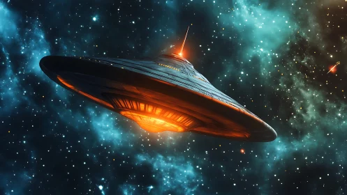 Disc-shaped spacecraft travels through dense star field