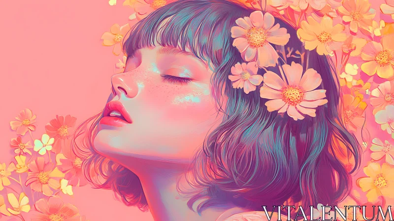 Female profile illustration with floral elements on pink field.