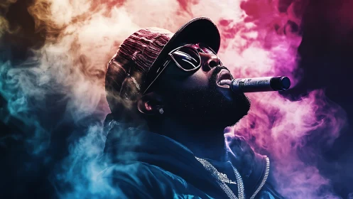 Neon backlit portrait of man with cigar in dense colored smoke