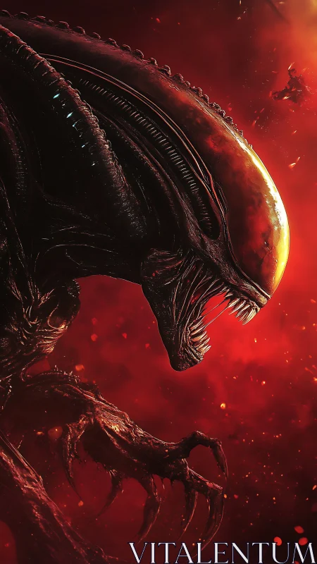 Fierce alien creature roars against a burning red cosmos.