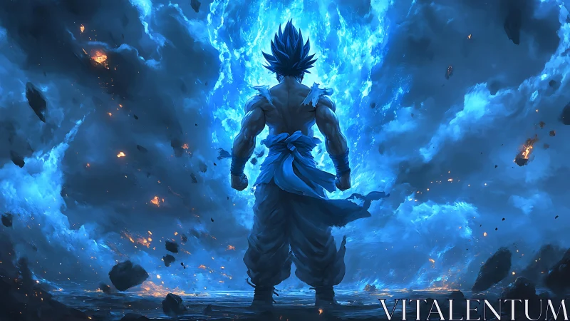 Warrior ignites cosmic blue energy amid swirling destruction.