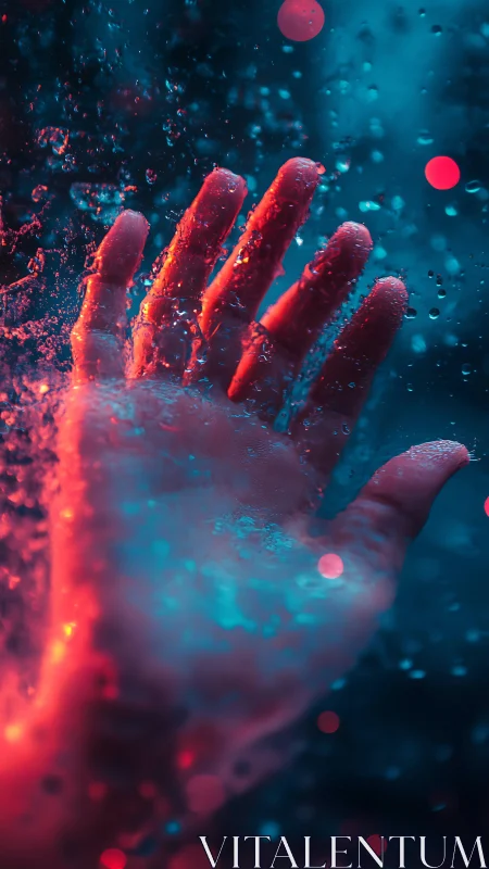 Neon lit hand under water with falling droplets in motion.