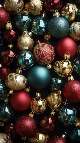 Mixed red, gold and teal glass baubles in dense arrangement.