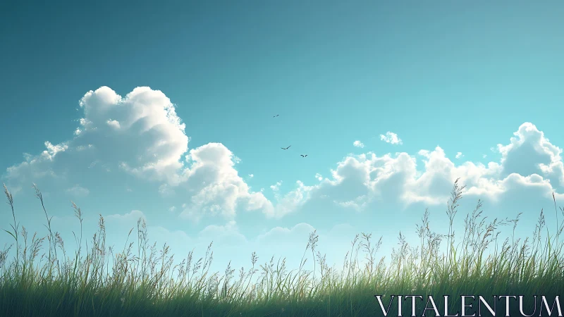 Serene grassy field under blue sky with fluffy clouds, digital art.