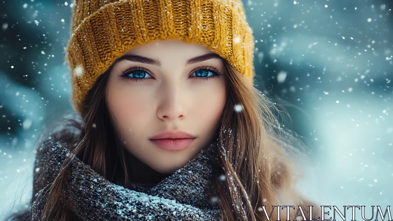 Serene winter portrait captures a young woman in falling snow