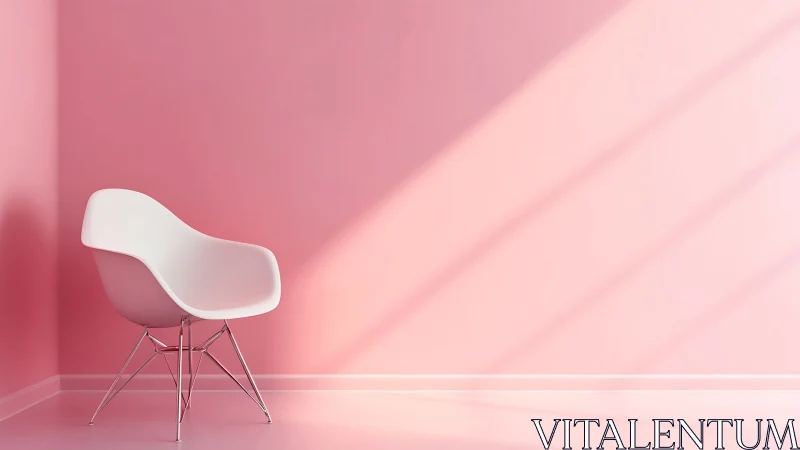Sunlit pink corner cradling a sculpted modern white chair.