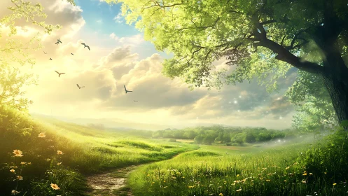 Sunlit meadow path curls into a softly glowing dream horizon