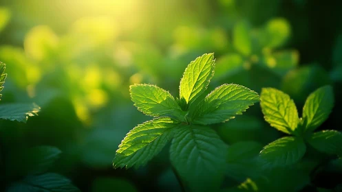 Fresh green mint leaves in morning sunlight, natural macro style.