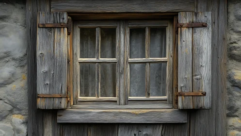 Weathered cottage window with quiet rustic charm.