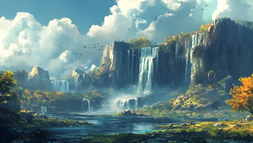 Panoramic tiered waterfalls below basalt cliffs in autumn light