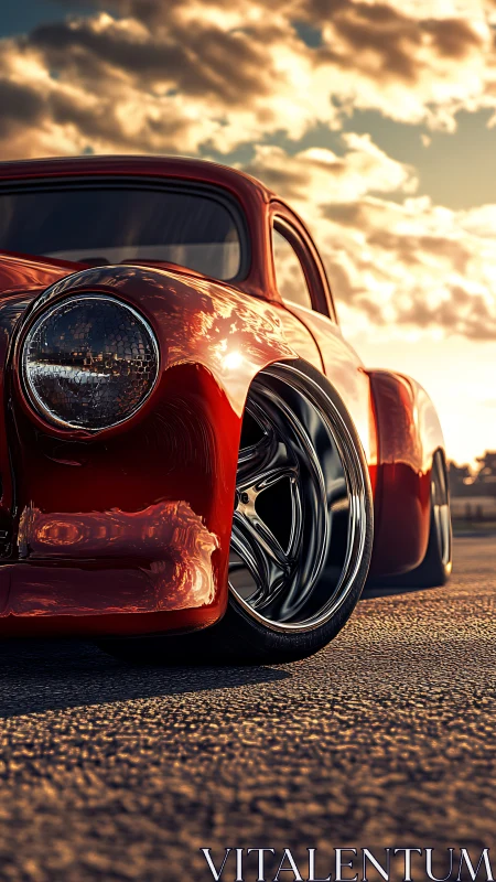 Crimson lowrider leans into sunset light like liquid chrome
