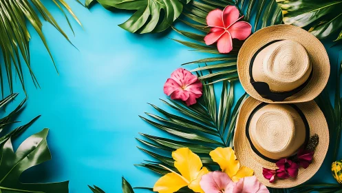 Tropical summer hats with palm leaves on blue background.
