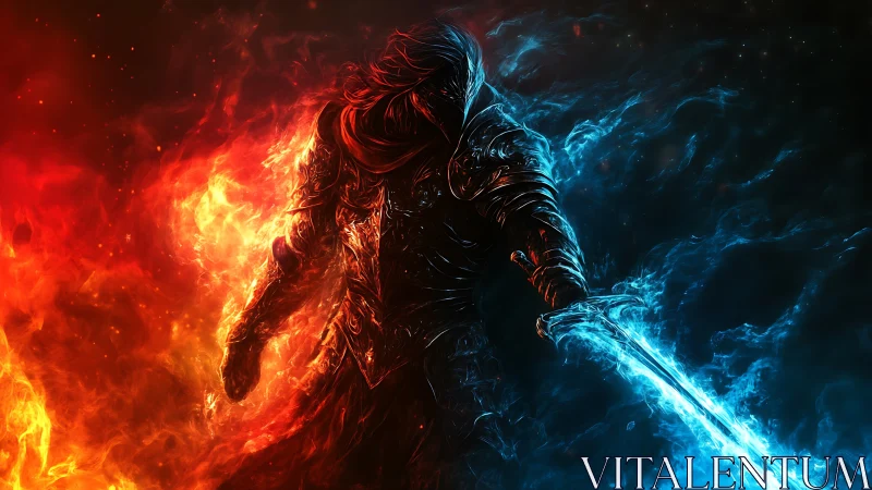 Armored figure stands between symmetric fire and ice fields