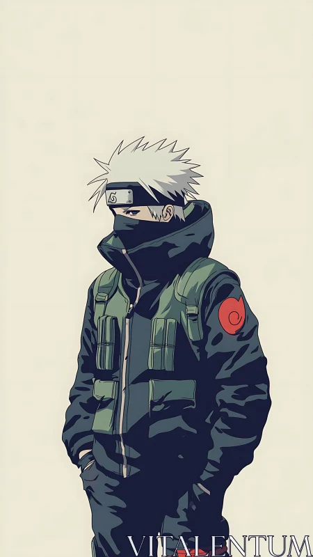 Masked anime ninja stands alone in calm minimalist space