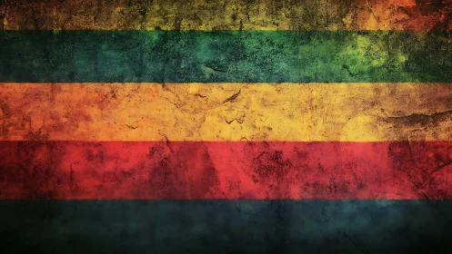 Weathered reggae stripes blaze across cracked canvas.