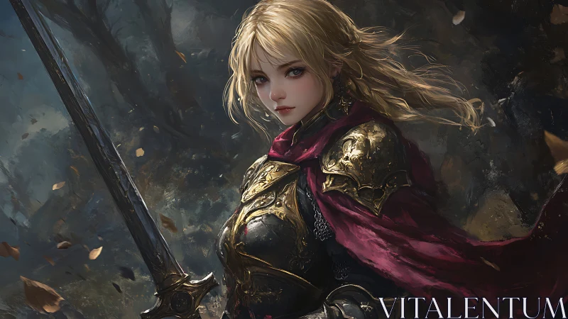 Stormlit knight maiden steadies her blade against duskfall