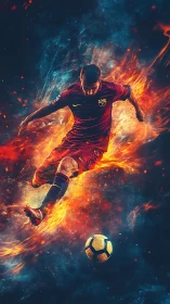 Fiery soccer striker explodes through cosmic stadium night