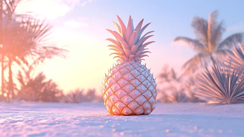 Iridescent pastel pineapple render on sunlit tropical beach