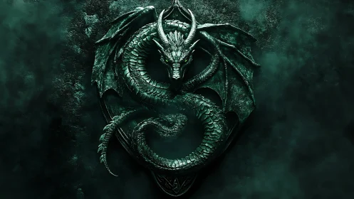 Emerald-scaled dragon emblem coils in cinematic low-key light