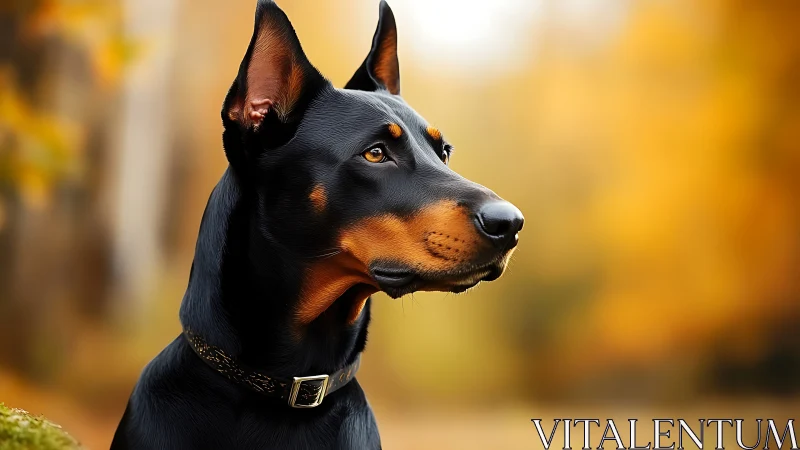 Doberman portrait in autumn bokeh with glossy black coat.