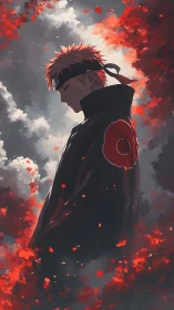 Solitary hooded figure in red cloud cloak amid drifting embers.