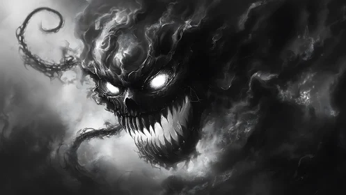 Monochrome smoke demon head with glowing eyes and fanged maw