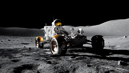 Lunar rover rolls across moon dust under stark black sky.
