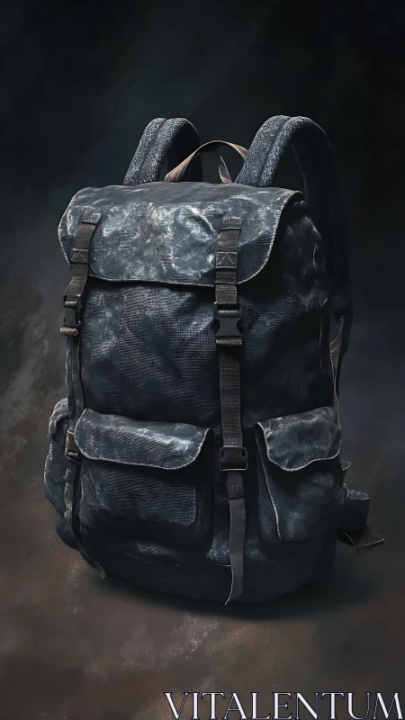 Photorealistic worn canvas backpack with tactical detailing.