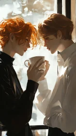 Two young figures sharing coffee near bright window. Period.