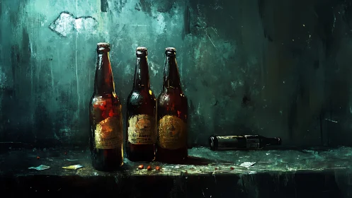 Moody beer bottle still life in cinematic teal light.