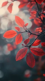 Gentle red leaves glow softly against a dreamy forest haze