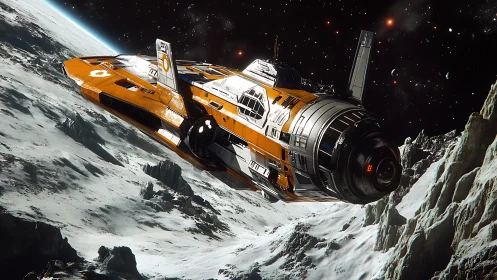 Orange survey dropship skims cratered icy moon ridge.