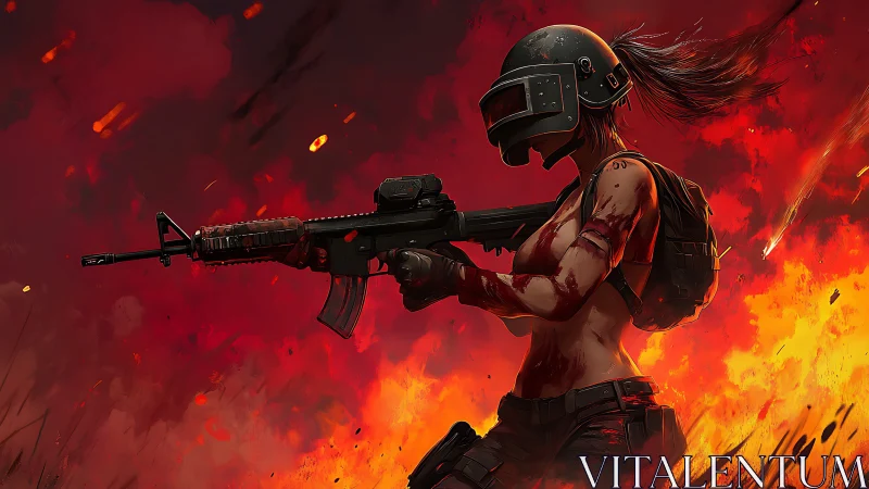 Fierce helmeted warrior advancing through blazing chaos.