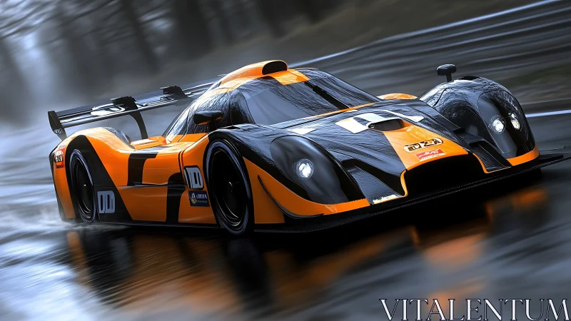 Orange and black race car on wet track in motion at speed.