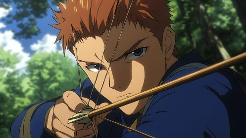 Focused anime archer drawing recurve bow under dappled forest light