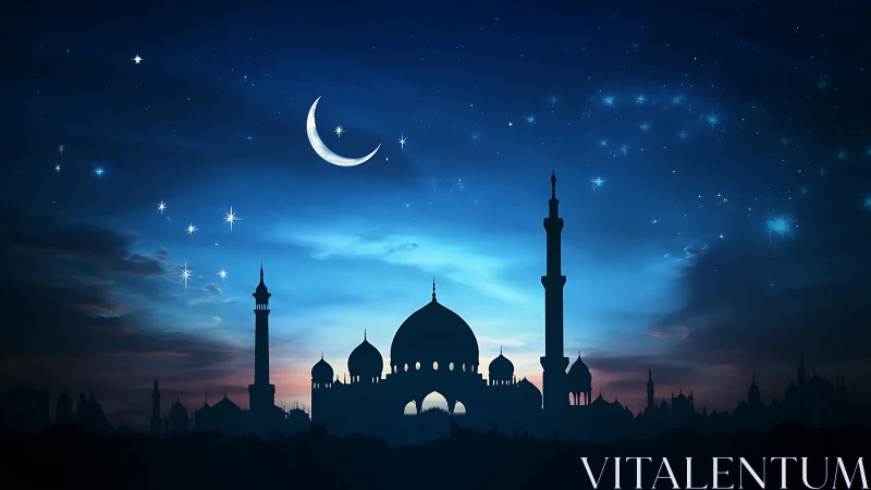 Crescent moon over mosque skyline in deep twilight sky