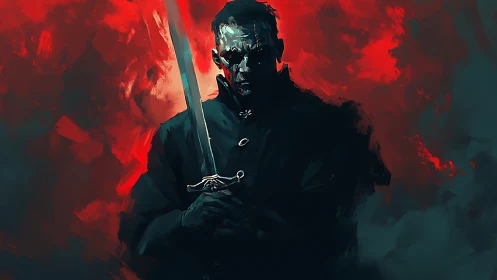 Solitary armed figure in dark coat before red backdrop.