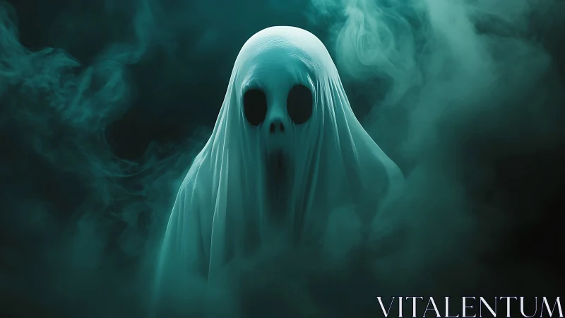 Translucent ghost figure in teal atmospheric fog field