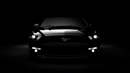 Front view of black sports coupe in low key studio lighting.