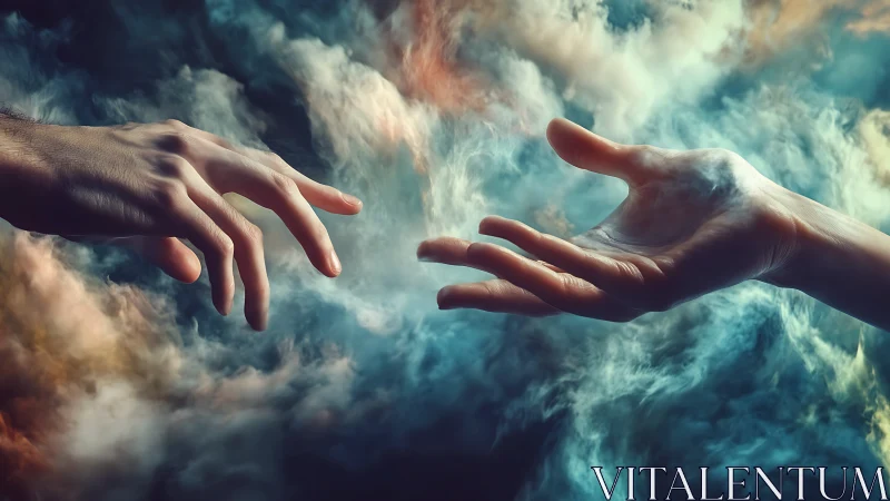 Celestial hands reaching through stormlit nebula clouds.