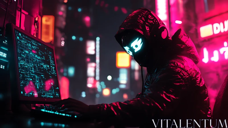 Neon-masked hacker at terminal in cyberpunk alleyway nightscape.