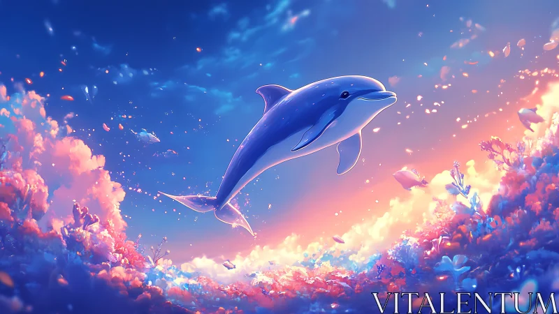 Joyful dolphin glides through dreamy coral light and color
