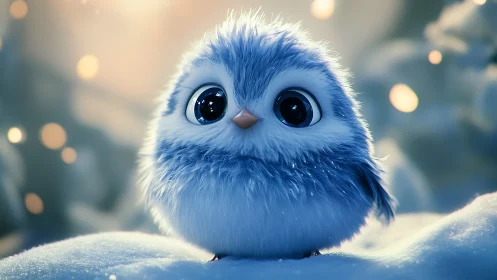 Cute fluffy blue bird in winter snow, cartoon style illustration.