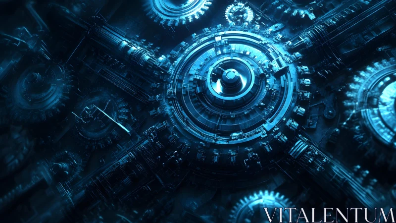 Futuristic blue mechanical gears in digital sci-fi artwork.